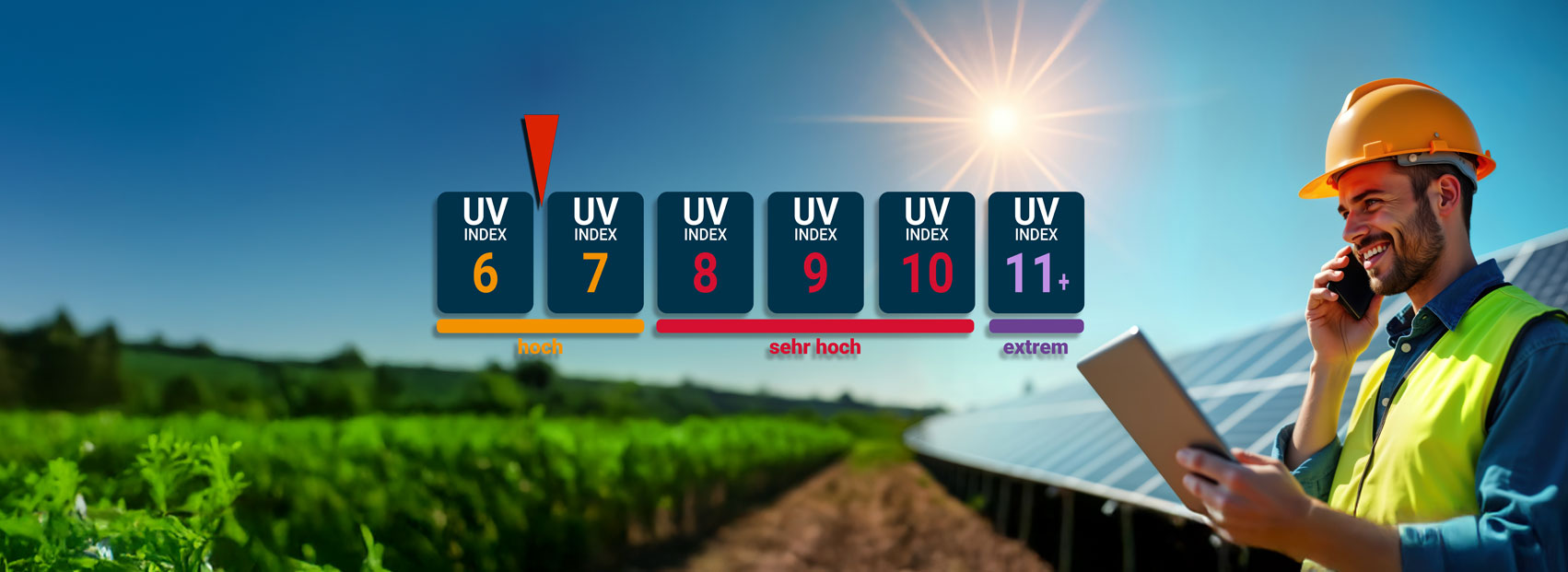 Mann mit Warnweste und Sicherheitshelm, Klemmbrett und Telefon vor einer Solaranlage und einem Feld. Darstellung des UV-Index als Grafik