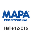 Logo der Firma Mapa in blau, Text mit Halle und Standnummer für eine Messe